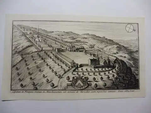 Ohne Kupferstecher: Original Kupferstich (betitelt): Castellum de Fauquez erectum in Marchionatum sub nomini de Herzelles, cum toparchus annexis. Anno 1689. 6 oct - mit Gärten *. 