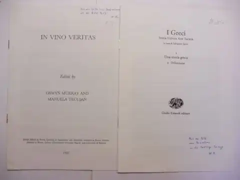 Rösler, Wolfgang: 2 TITELN von Wolfgang RÖSLER: 1) IN VINO VERITAS "Wine and Truth in the Greek Symposion" English. / 2) "Trasmissione culturale tra oralita e scrittura" aus I Greci Storia Cultura Arte Societa. Italian. 