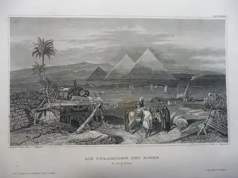 Rüppell und Grünewald (Gestochen): ORIGINAL- STAHLSTICH : DIE PYRAMIDEN BEY GIZEH in Aegypten. 