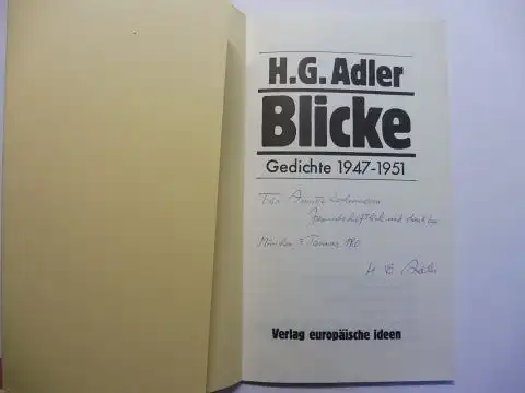 Adler, H. G: H.G. Adler - Blicke - Gedichte 1947-1951. + AUTOGRAPH *. 
