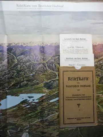 Gerber (Verlag), Carl und Prof. Zeno Diemer (Darstellung): Reliefkarte (Relief-Karte) vom Bayerischen Hochland - Blatt 1 - 2 - 3 - Drei farb.-Panoramen. Herausgegeben vom Verein zur Förderung des Fremdenverkehrs in München und im Bayerischen Hochland. 