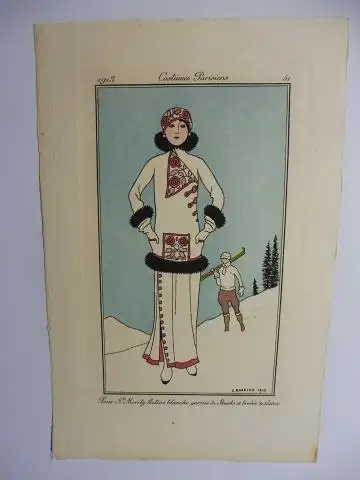 Barbier *, George: Costumes parisiens. Pour St. Moritz. Ratine blanche garnie de Skunks et brodee de Laines. Planche 51 - Journal des Dames et des Modes, 1913. 