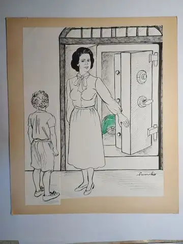 Kudo *, Sumiko: 2 x ORIGINAL-ZEICHNUNGEN von SUMIKO KUDO: "Margaret Thatcher mit Kind und der Heilige Gral" - signiert unten rechts. 