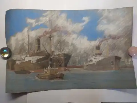 unbekannte Künstler: ORIGINAL.-FARBIG.-ZEICHNUNG / KREIDE (Schiffe im Hafen). 