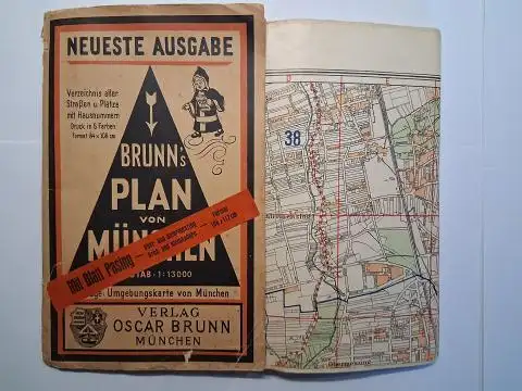 Brunn (Kartograph), Oscar: BRUNN` S PLAN VON MÜNCHEN (Mit Blatt Pasing - Ober- und Untermenzing - Groß- und Kleinhadern). Maßstabe 1:13000. (Format 108 x 112 cm). Druck der Karten in Farben. 