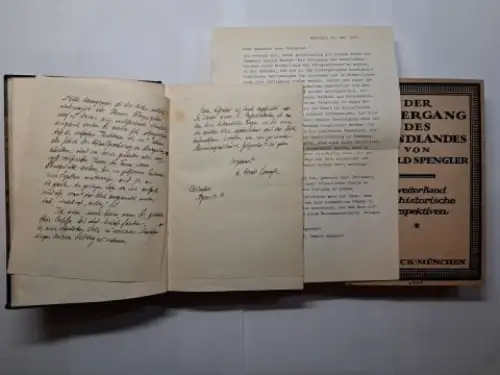 Spengler, Oswald: DER UNTERGANG DES ABENDLANDES. UMRISSE EINER MORPHOLOGIE DER WELTGESCHICHTE von OSWALD SPENGLER. ERSTER BAND GESTALT UND WIRKLICHKEIT / ZWEITER BAND WELTHISTORISCHE PERSPEKTIVEN. 2 BÄNDE + ORIGINAL-BRIEF VON OSWALD SPENGLER *. 