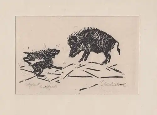 Hartmann, F.: Original Holzschnitt Handdruck. ohne Titel [Wildschwein mit zwei Hunden]. Signiert.