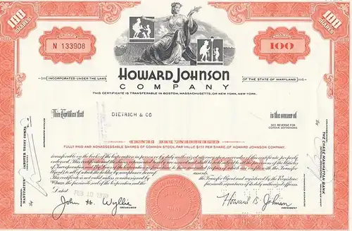 Howard Johnson Company. - Certificate of Stock ( Aktie ). 100 Shares.