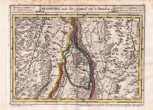 Augsburg. - Bodenehr, Gabriel (fecit et Excudit) ; Baumgartner, J. (del.): Augspurg [Augsburg]. Grenzcolorierter Kupferstich. Augspurg mit der Gegend auf 2 Stunden. Blatt Nr. 74...