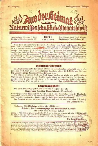 Aus der Heimat - Dir. J. Baß (Hrsg.), D. Georg Wagner (Schriftltg.): Aus der Heimat. Naturwissenschaftliche Monatsschrift. 43. Jahrg., Heft 4, April 1930.