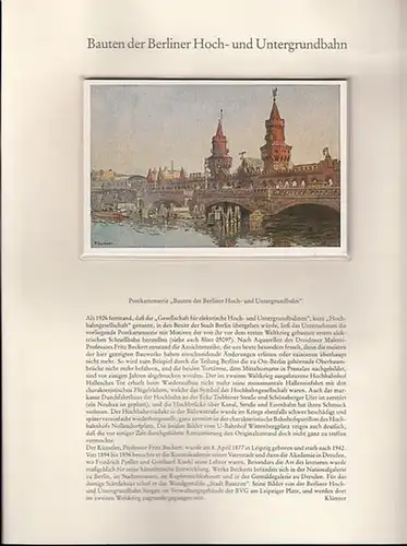 BerlinArchiv herausgegeben von Hans-Werner Klünner und Helmut Börsch-Supan.- Hochbahngesellschaft (Hrsg.): Postkartenserie &quot;Bauten der Berliner Hoch- und Untergrundbahn&quot; 1926. Künstler Prof. Fritz Beckert 1877-nach 1942, (...