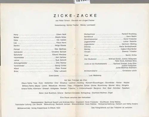 Schiller Theater Werkstatt. Berlin.   Peter Terson. Zicke   Zacke. Spielzeit 1968 / 1969. Heft 205. General Intendant Boleslaw Barlog. Inszenierung Günter Fischer.. 