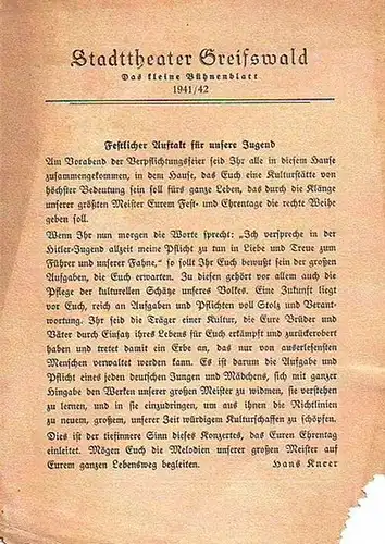Stadttheater Greifswald - Koch (Int.) / Kneer (Hrsg.): Stadttheater Greifswald - Das kleine Bühnenblatt 1941 / 1942 herausgegeben vom Intendant Dr. Claus-Dietrich Koch und Hans Kneer. Programm zum Sinfonie-Konzert.