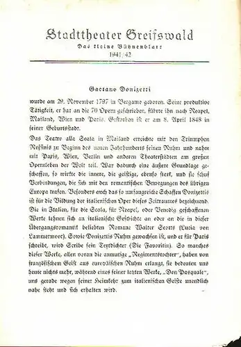 Stadttheater Greifswald - G.Donizetti / Koch (Int.) / Hardt(Regie) / Kneer (Hrsg.): Stadttheater Greifswald - Das kleine Bühnenblatt 1941 / 1942 Präsentiert die Komische Oper...