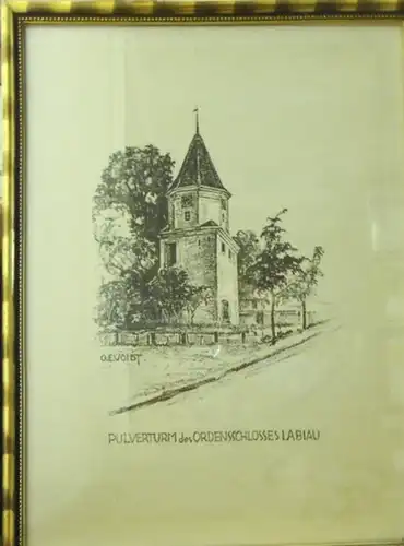 Labiau (russisch Polessk / litauisch Labguva, polnisch Labiawa / Labiewo). - Voigt, O. E.: Originalgraphik. Pulverturm des Ordensschlosses Labiau. (Ostpreussen)