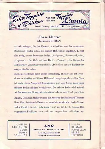 Berlin. Tribüne: Am Knie-Berliner Strasse. - Intendant: Viktor de Kowa- (Hrsg.) Programmzettel der Tribüne. 1947. Konvolut aus 2 Zetteln.