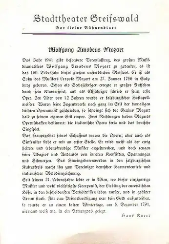 Stadttheater Greifswald - W.A.Mozart / Koch (Int.Regie) / Kneer (Hrsg.): Stadttheater Greifswald - Das kleine Bühnenblatt 1941 Präsentiert die Oper &quot;Die Zauberflöte&quot;. Herausgegeben von Dr.Claus Dietrich Koch und Hans Kneer.