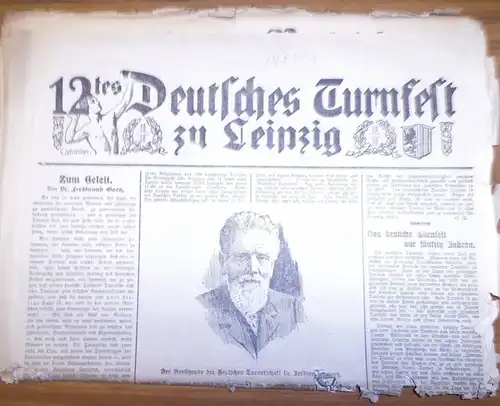 12. Deutsches Turnfest zu Leipzig. - Konvolut von mehreren Seiten aus Zeitungen / Sonderausgaben zum 12. Deutschen Turnfest zu Leipzig, 12.-16. Juli 1913: Seiten aus Leipziger Neueste Nachrichten, Nr. 348, Morgenausgabe vom 12. Juli 1913 und Seiten Sonder