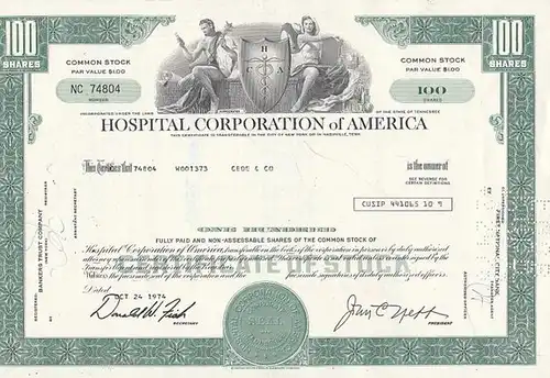 Hospital Corporation of America. - Certificate of Stock ( Aktie ) 100 Shares. Wertpapier Typ: Namensaktie. Wertpapier Art: Stammaktie.