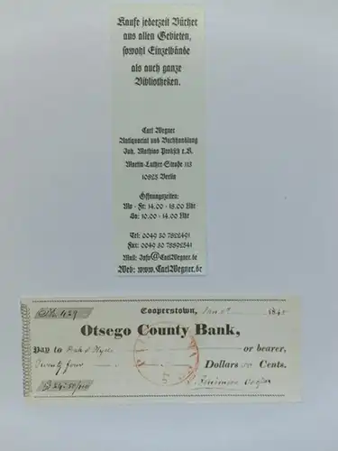 6 x 15,6 cm. Original- Bankscheck, Nr. 429, über den Betrag von 24 Dollar und 50 Cent, eigenhändig signiert von James Fenimore Cooper. Mit einem...