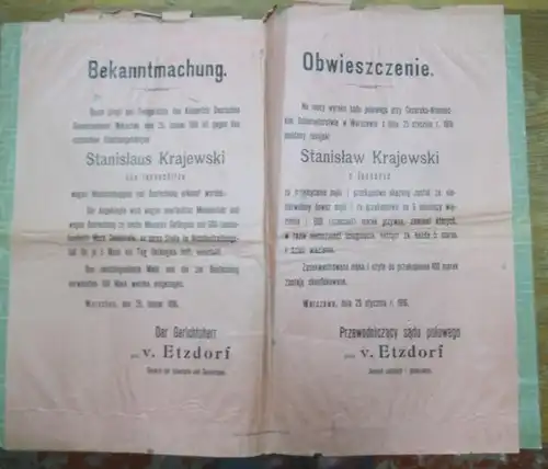 1. Weltkrieg.   Warschau.   Stanislaus Krajewski: Bekanntmachung: Durch Urteil des Feldgerichts des Kaiserlich Deutschen Gouvernements Warschau vom 25. Januar 1916 ist gegen.. 