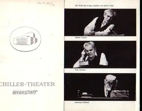 Schiller Theater Werkstatt, Spielzeit 1968 / 1969. 'Der neue Mieter' von Eugene Ionesco. Insz.: Ottokar Runze, mit Klaus Herm, Heinz Theo Branding, Erich Schwarz und Joachim Kerzel / 'Das letzte Band' von Samuel Beckett. Insz.: Samuel Beckett. Mit: Martin