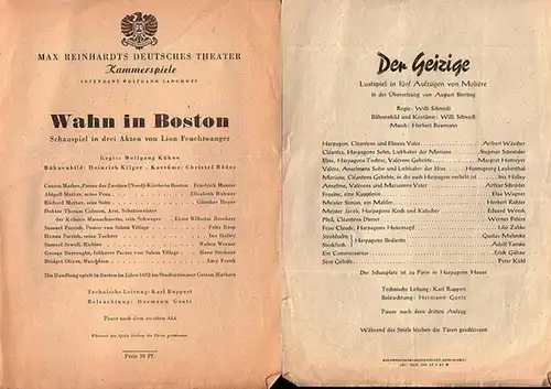 Programmzettel des Deutschen Theaters und der Kammerspiele. 1949, Konvolut aus 2 Zetteln.  Aus dem Inhalt: Blätter: "Der Geizige" von Moliére. Insz.: Willi Schmidt, mit.. 
