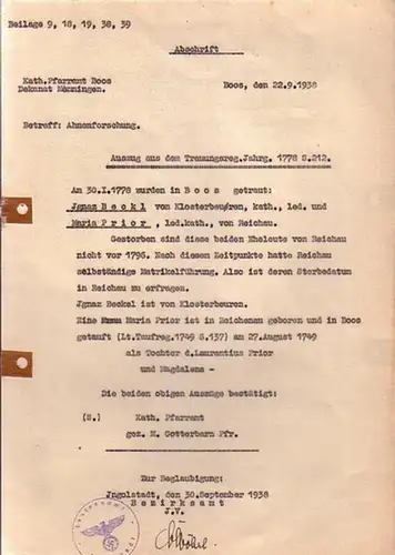 Beckl, Abschrift: Betreff: Ahnenforschung. Auszug aus dem Trauungsreg. Jahrg. 1778 S. 212: Ignaz Beckl und Maria Prior wurden getraut am 30.1.1778 in Boos. Gestempelt und unterzeichnet am 30. September 1938 in Ingolstadt
