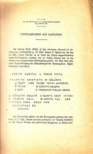 Archaeologisches Institut // Huelsen, Ch: Consularfasten aus Campanien. Aus dem Mitteilungen K.D. Archaeologischen Instituts Rom 1904 Bd. XIX. 