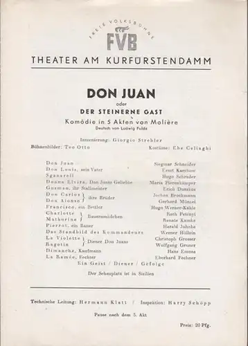 Don Juan oder der steinerne Gast. Spielzeit 1952 / 1953. Insz.: Giorgio Strehler. Mit u. a.: Siegmar Schneider, Ernst Karchow, Harald Juhnke, Hugo Schrader, Maria Pierenkämper, Erich Dunskus. / Moliére