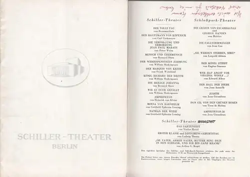 Berlin Schiller Theater. - Boleslaw Barlog (Intendanz). - Friedrich Schiller: Don Carlos. Spielzeit 1964 - 1965. Heft 155. Inszenierung: Rudolf Sellner. Mit u. a.: Rolf Henniger, Erich Schellow, Ernst Deutsch, Eva-Katharina Schultz, Gisela Stein, Paul Wag