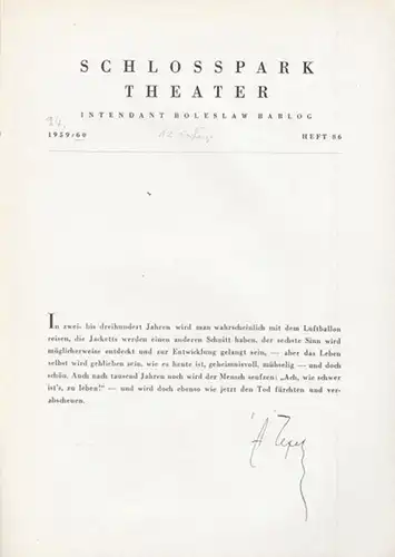 Berlin Schloßparktheater. - Boleslaw Barlog (Intendanz). - Anton Tschechow (Cechov): Drei Schwestern. Spielzeit 1959 / 1960, Programmheft 86. Inszenierung: Boleslaw Barlog. Mit u. a.: Tilly...