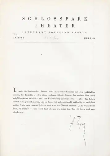 Drei Schwestern. Spielzeit 1959 / 1960, Programmheft 86. Inszenierung: Boleslaw Barlog. Mit u. a.: Tilly Lauenstein, Gisela Uhlen, Heidemarie Theobald, Claus Hofer, Eva-Katharina Schultz, Carl Raddatz, Rolf Henniger, Elsa Wagner, Klaus Kammer, Claus Holm.