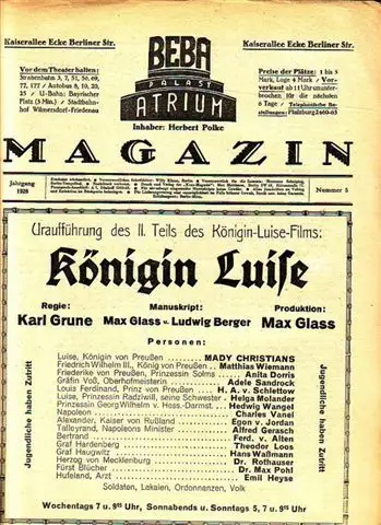 Magazin. Jahrgang 1928, Nummer 5. BEBA   Palast Atrium. Inhaber: Herbert Polke. Im Inhalt u. a. Besetzung des Films 'Königin Luise', Uraufführung des 2.. 