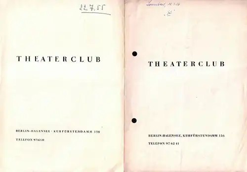 Berlin. Theaterclub. Direktion: Ottokar Runze-  (Hrsg.): Programmhefte Theaterclub Berlin. 1955 / 1956. Konvolut aus 2 Heften. 