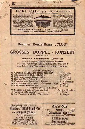 Berliner Konzerthaus Clou.     Direktion: Hoffmann & Retschlag.   H. Baarz: Programmzettel zu: Doppel    Konzert ausgeführt vom Berliner.. 