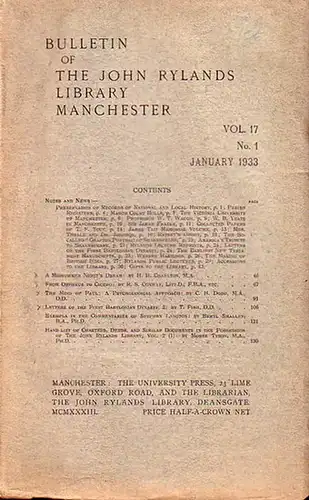 Bulletin John Ryland - Henry Guppy (ed.): Bulletin of the John Rylands Library Manchester Vol. 17, N° 1. January 1933. Content: 1) Notes and News...