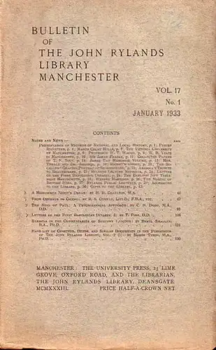 Bulletin John Ryland   Henry Guppy (ed.): Bulletin of the John Rylands Library Manchester Vol. 17, N° 1. January 1933. Content: 1) Notes and.. 