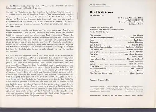 Theater am Kurfürstendamm Berlin. - Eugene Ionesco: Theater am Kurfürstendamm. 'Die Nashörner', Spielzeit 1961 / 1962. Insz.: Wolfgang Spier, mit ua.: Ilse Kiewiet, Ellen Avenarius...