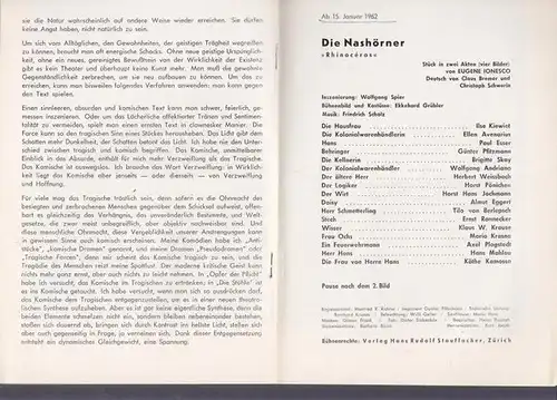 Theater am Kurfürstendamm. 'Die Nashörner', Spielzeit 1961 / 1962. Insz.: Wolfgang Spier, mit ua.: Ilse Kiewiet, Ellen Avenarius, Paul Esser, Günter Pfitzmannn, Horst Pönichen, Tilo.. 