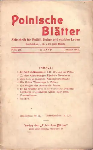 Polnische Blätter. - Feldmann, Wilhelm (Hrsg.): Polnische Blätter. Zeitschrift für Politik, Kultur und soziales Leben. II. Band. Heft 10 vom 1. Januar 1916. 
