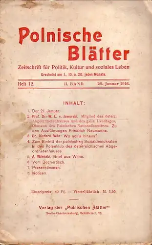 Polnische Blätter. - Feldmann, Wilhelm (Hrsg.): Polnische Blätter. Zeitschrift für Politik, Kultur und soziales Leben. II. Band. Heft 12 vom 20. Januar 1916. 
