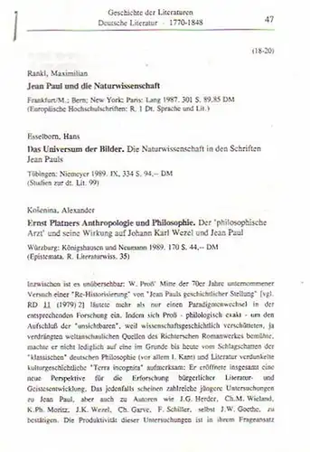 Böck, Dorothea: Buchbesprechungen in deutscher Sprache: 1) Rankl, Maximilian    Jean Paul und die Naturwissenschaft, Frankfurt/M. Lang 1987, 301 S. 2) Esselborn, Hans.. 