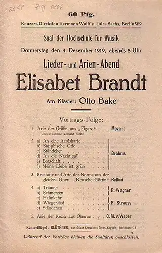 Hochschule für Musik Berlin.   Brandt, Elisabet.   Bake, Otto: Hochschule für Musik Berlin. Programm   Heft zu: Lieder  und Arien.. 