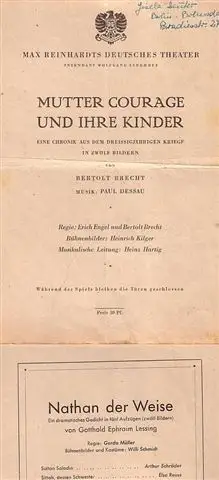 Mutter Courage und ihre Kinder ; "Nathan der Weise". Programmzettel von Max Reinhardts Deutschem Theater. Spielzeit 1946 und 1948. Konvolut aus 2 Blättern