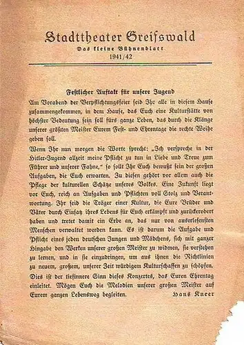 Stadttheater Greifswald - Koch (Int.) / Kneer (Hrsg.): Stadttheater Greifswald - Das kleine Bühnenblatt 1941 / 1942 herausgegeben vom Intendant Dr. Claus-Dietrich Koch und Hans Kneer. Programm zum Sinfonie-Konzert. 