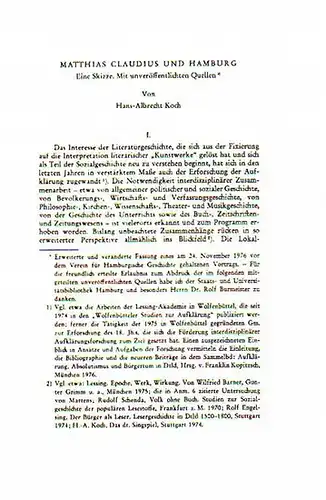 Claudius, Matthias - Koch, Hans-Albrecht: Matthias Claudius und Hamburg. Eine Skizze. Mit unveröffentlichten Quellen. 