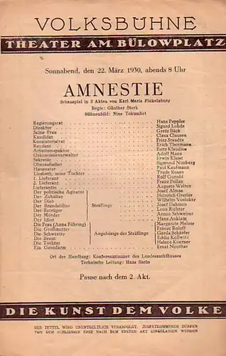 Programm   Heft zu 'Amnestie'. Schauspiel in 3 Akten. Regie: Günther Stark. Bühnenbild: Nina Tokumbet. Darsteller: Hans Peppler, Sigurd Lohde, Grete Bäck, Claus Clausen.. 