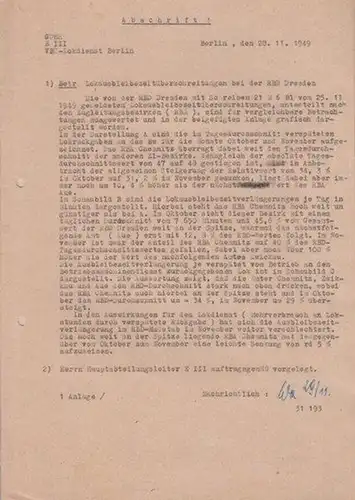 Eisenbahnwesen: Konvolut: Betr.: GDnR E III VBÜ - Lokdienst Berlin vom 28. 11.1949 - betr: Lokausbleibezeitüberschreitungen bei der RBD Dresden // GD Berlin VBÜ...