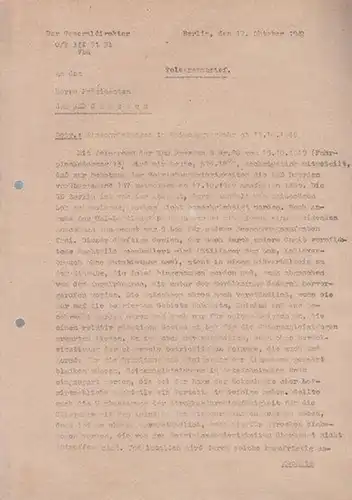 Eisenbahnwesen: Telegrammbrief vom 17. 10. 1949 des Generaldirektors 0 / E III 31 Bl Vbü an den Präsidenten der RBD Dresden - betr.: Einschränkungen im...